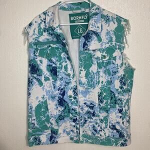 born fly jacket Superior Teal Green Blue White Tie dye Sleeveless Jean Jacket